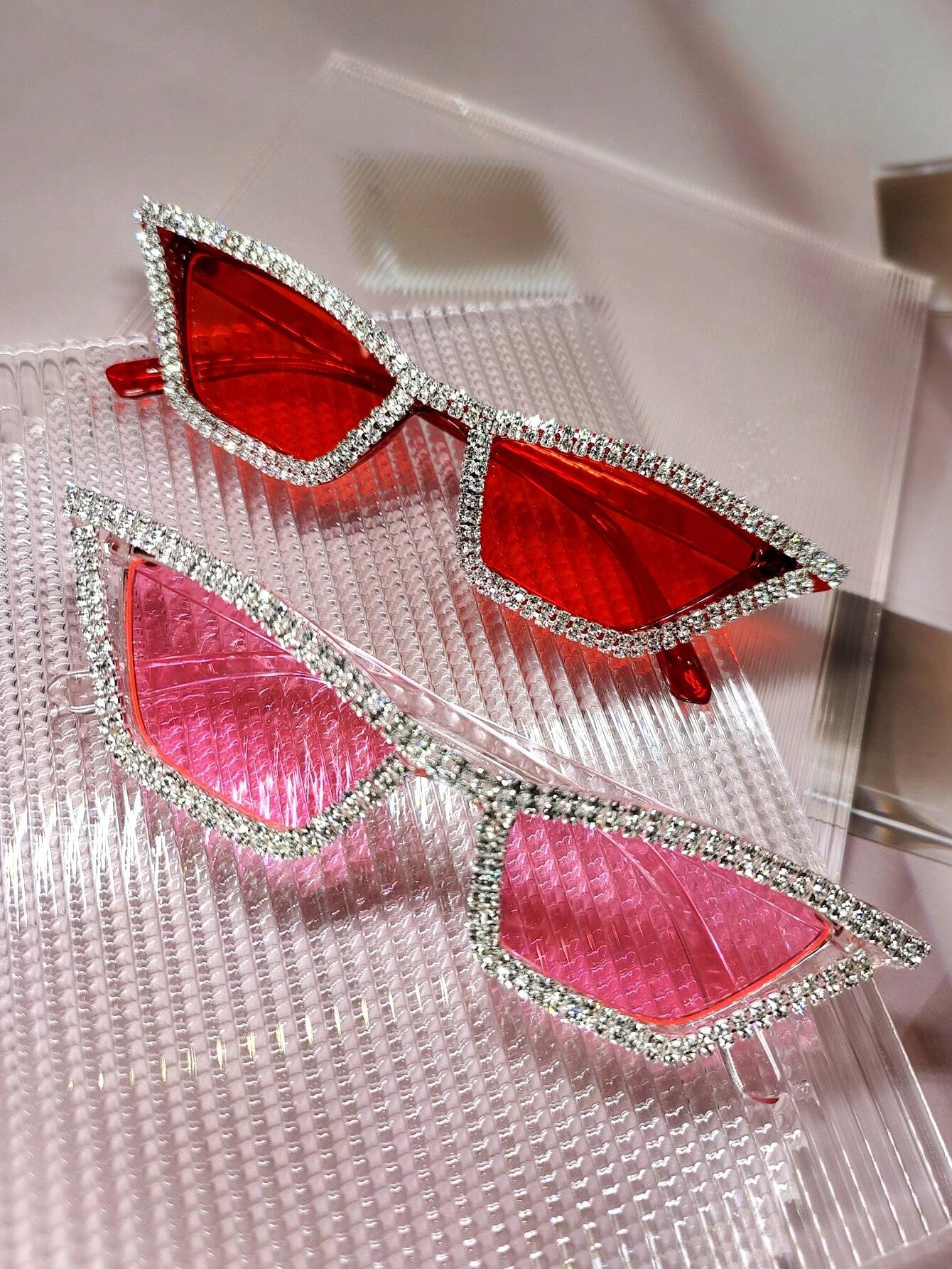 2pcs Women's Diamond Rhinestone & Crystal Decorated Black Frame Y2k Style Party Glasses shein