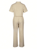 2pcs/Set Linen Casual Outfit, Short Sleeve Shirt Blouse And Wide Leg Pants shein