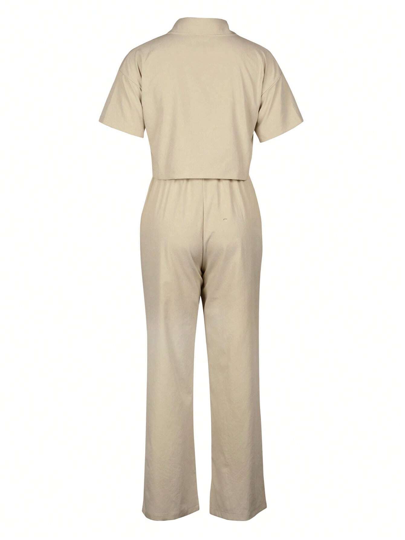 2pcs/Set Linen Casual Outfit, Short Sleeve Shirt Blouse And Wide Leg Pants shein