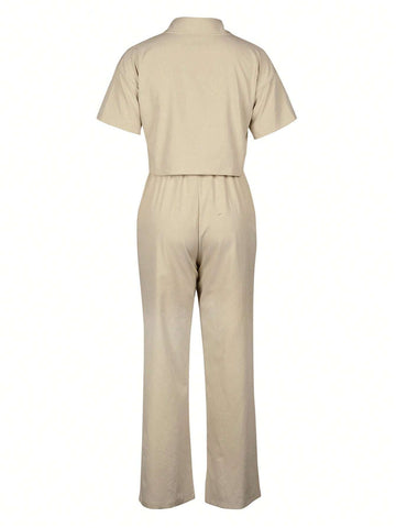 2pcs/Set Linen Casual Outfit, Short Sleeve Shirt Blouse And Wide Leg Pants