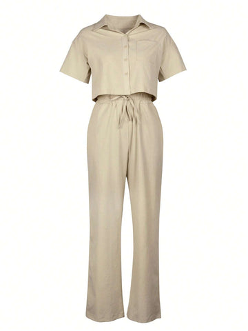 2pcs/Set Linen Casual Outfit, Short Sleeve Shirt Blouse And Wide Leg Pants