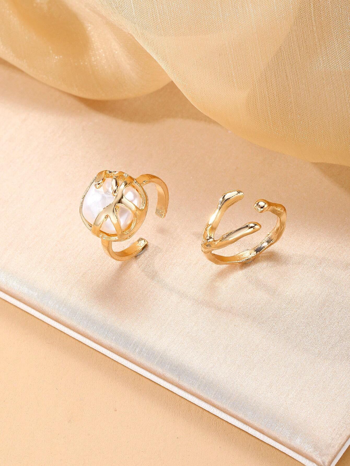 2pcs Metallic Pearl Decor Casual Rings Set