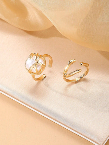 2pcs Metallic Pearl Decor Casual Rings Set