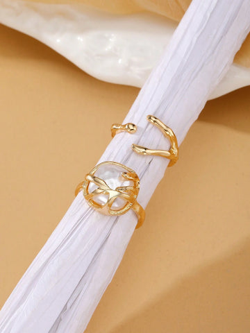 2pcs Metallic Pearl Decor Casual Rings Set