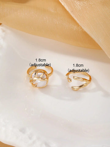 2pcs Metallic Pearl Decor Casual Rings Set
