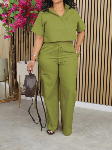 2pcs/Set Linen Casual Outfit, Short Sleeve Shirt Blouse And Wide Leg Pants