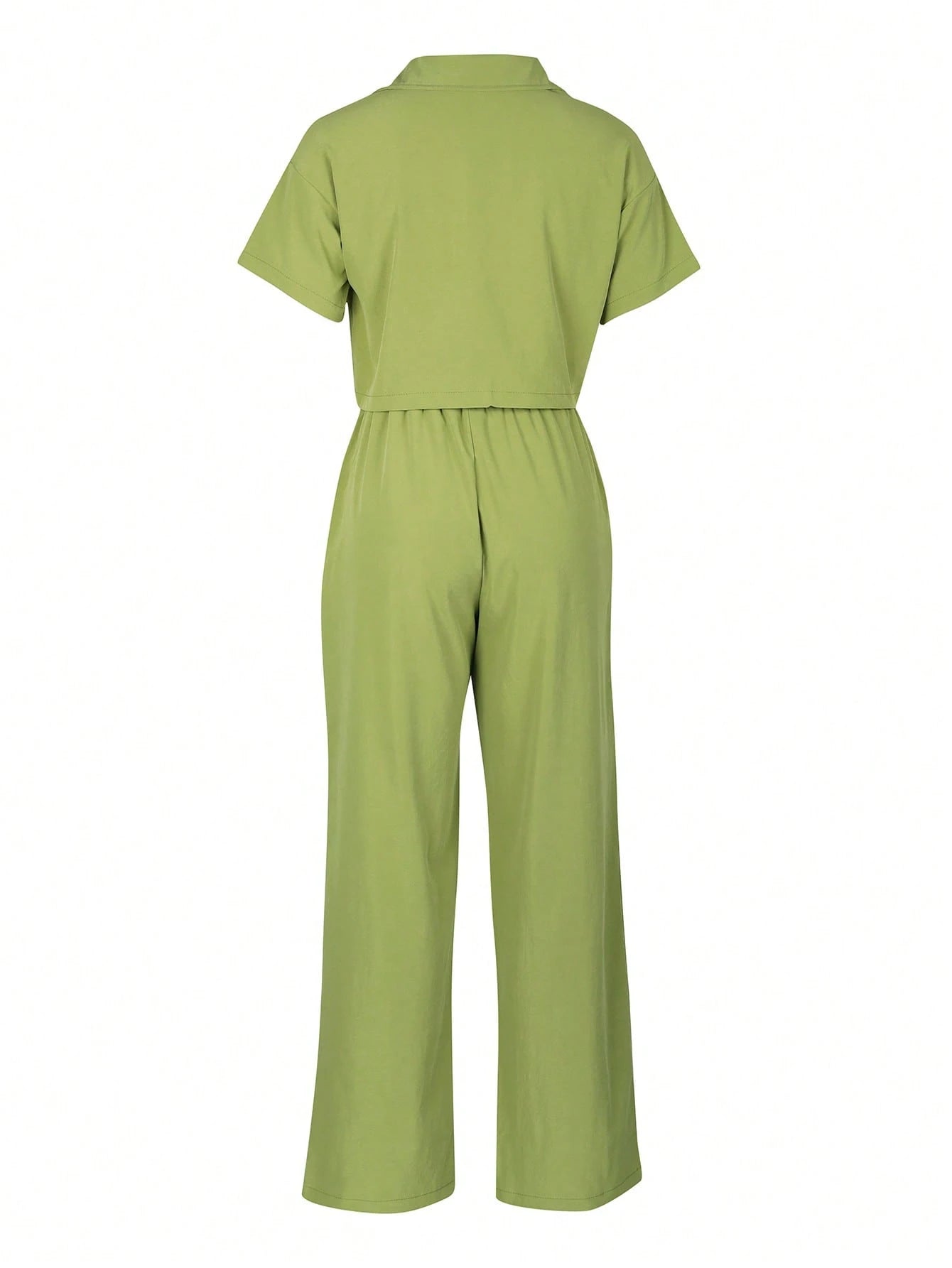 2pcs/Set Linen Casual Outfit, Short Sleeve Shirt Blouse And Wide Leg Pants shein
