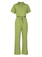 2pcs/Set Linen Casual Outfit, Short Sleeve Shirt Blouse And Wide Leg Pants shein