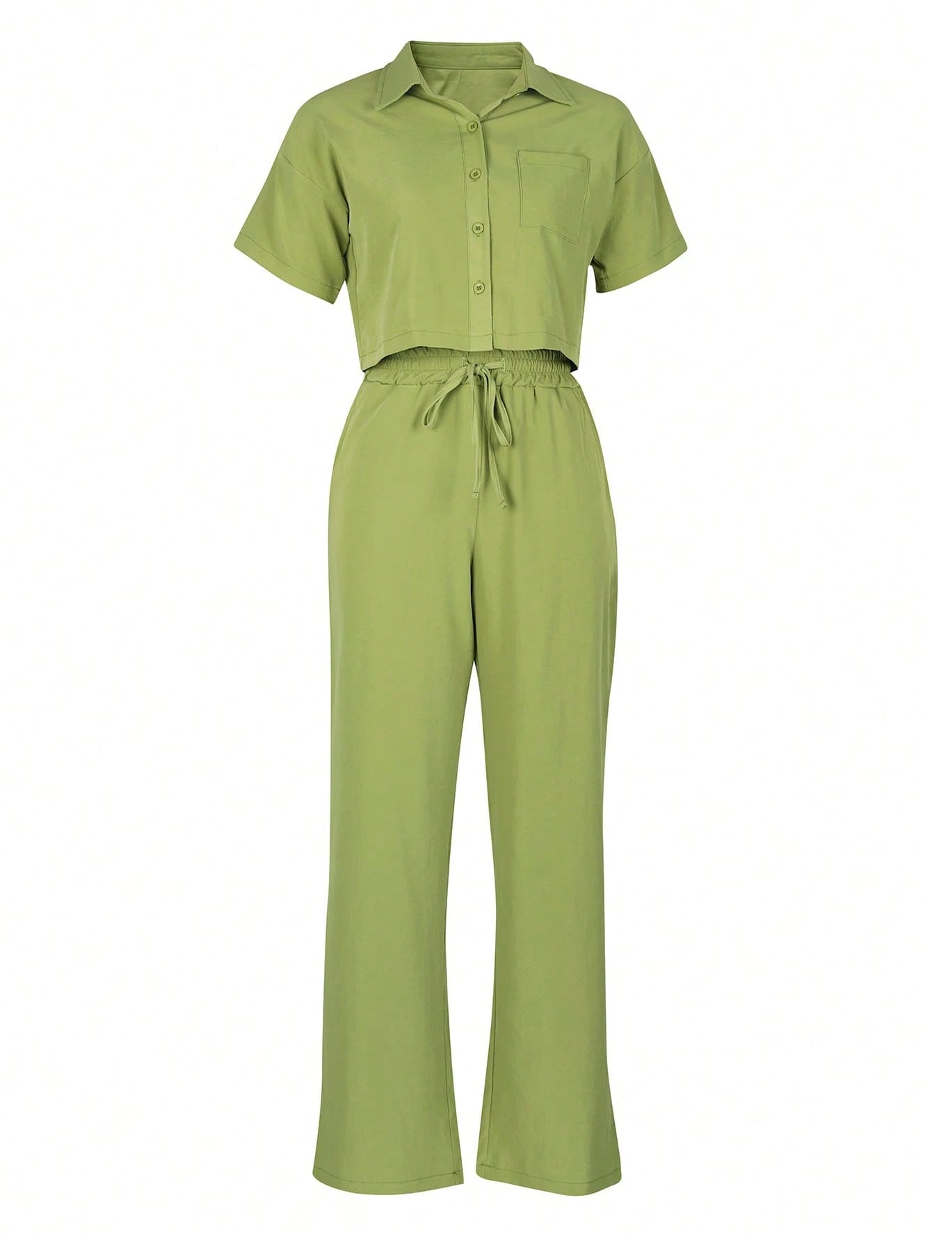 2pcs/Set Linen Casual Outfit, Short Sleeve Shirt Blouse And Wide Leg Pants shein