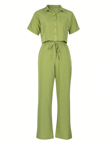 2pcs/Set Linen Casual Outfit, Short Sleeve Shirt Blouse And Wide Leg Pants