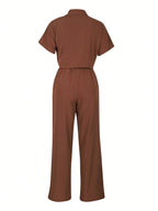 2pcs/Set Linen Casual Outfit, Short Sleeve Shirt Blouse And Wide Leg Pants shein