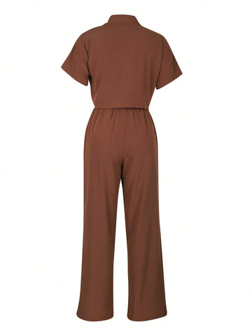 2pcs/Set Linen Casual Outfit, Short Sleeve Shirt Blouse And Wide Leg Pants