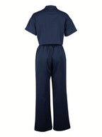 2pcs/Set Linen Casual Outfit, Short Sleeve Shirt Blouse And Wide Leg Pants shein