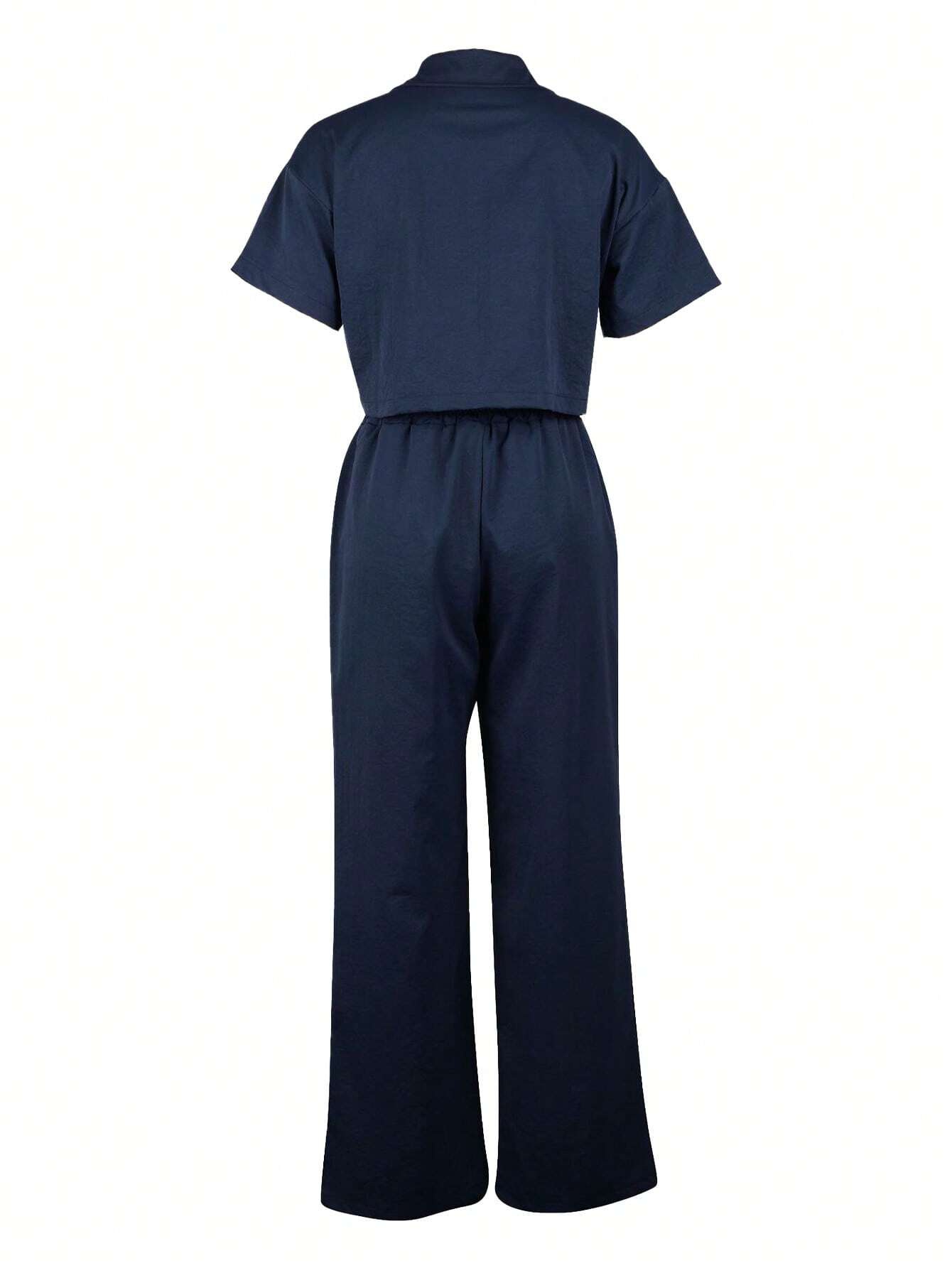 2pcs/Set Linen Casual Outfit, Short Sleeve Shirt Blouse And Wide Leg Pants shein