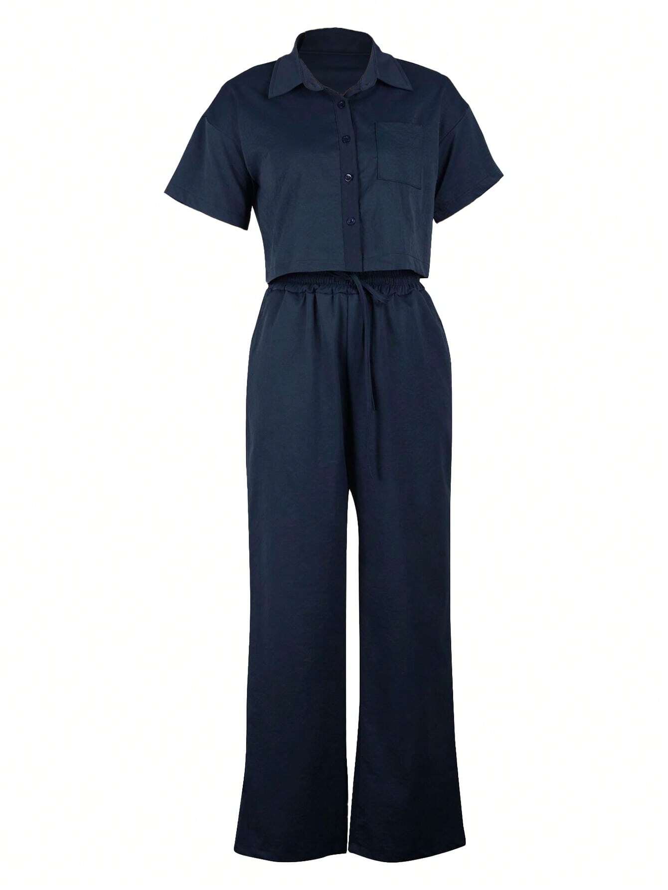 2pcs/Set Linen Casual Outfit, Short Sleeve Shirt Blouse And Wide Leg Pants shein