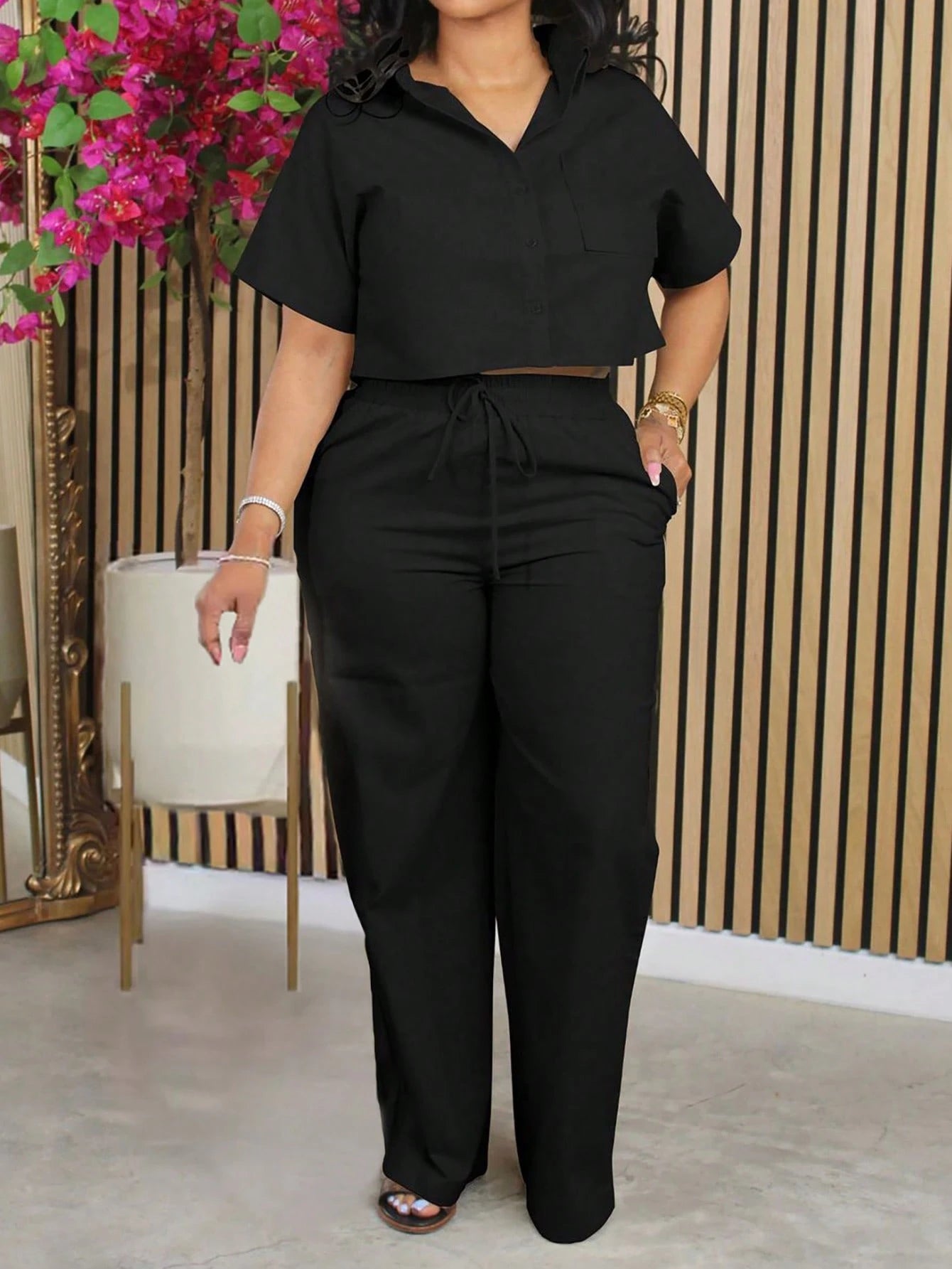2pcs/Set Linen Casual Outfit, Short Sleeve Shirt Blouse And Wide Leg Pants shein