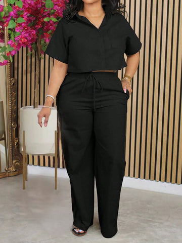 2pcs/Set Linen Casual Outfit, Short Sleeve Shirt Blouse And Wide Leg Pants