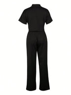 2pcs/Set Linen Casual Outfit, Short Sleeve Shirt Blouse And Wide Leg Pants shein