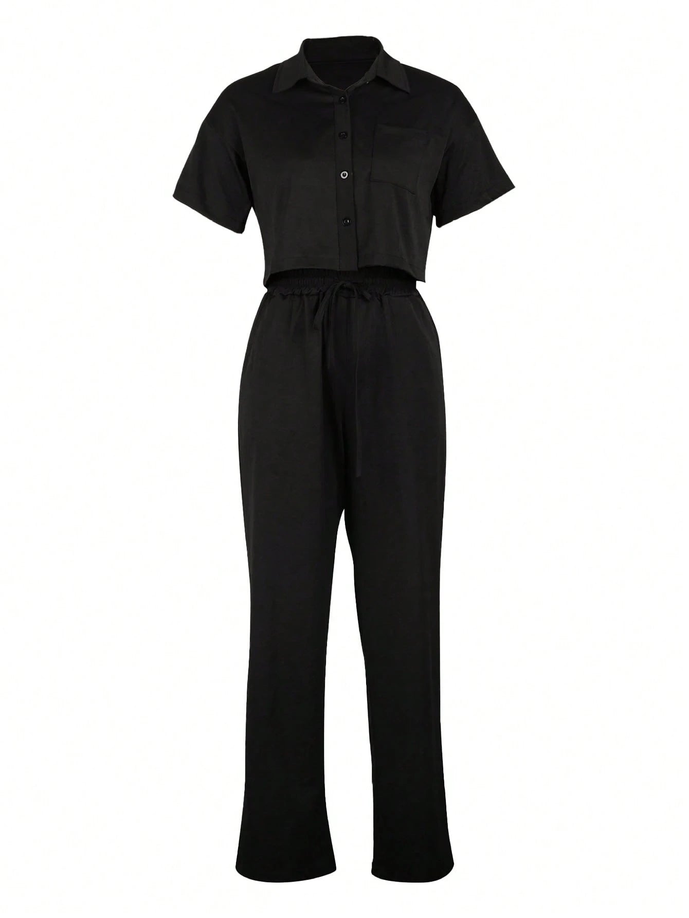 2pcs/Set Linen Casual Outfit, Short Sleeve Shirt Blouse And Wide Leg Pants shein