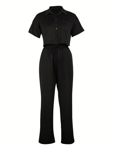 2pcs/Set Linen Casual Outfit, Short Sleeve Shirt Blouse And Wide Leg Pants