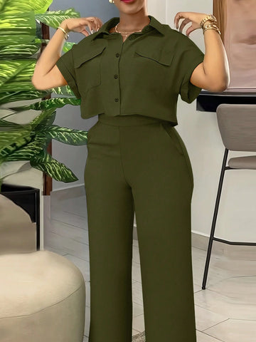 Solid Color Polo Neck Button Front Short Sleeve Top And Long Pants