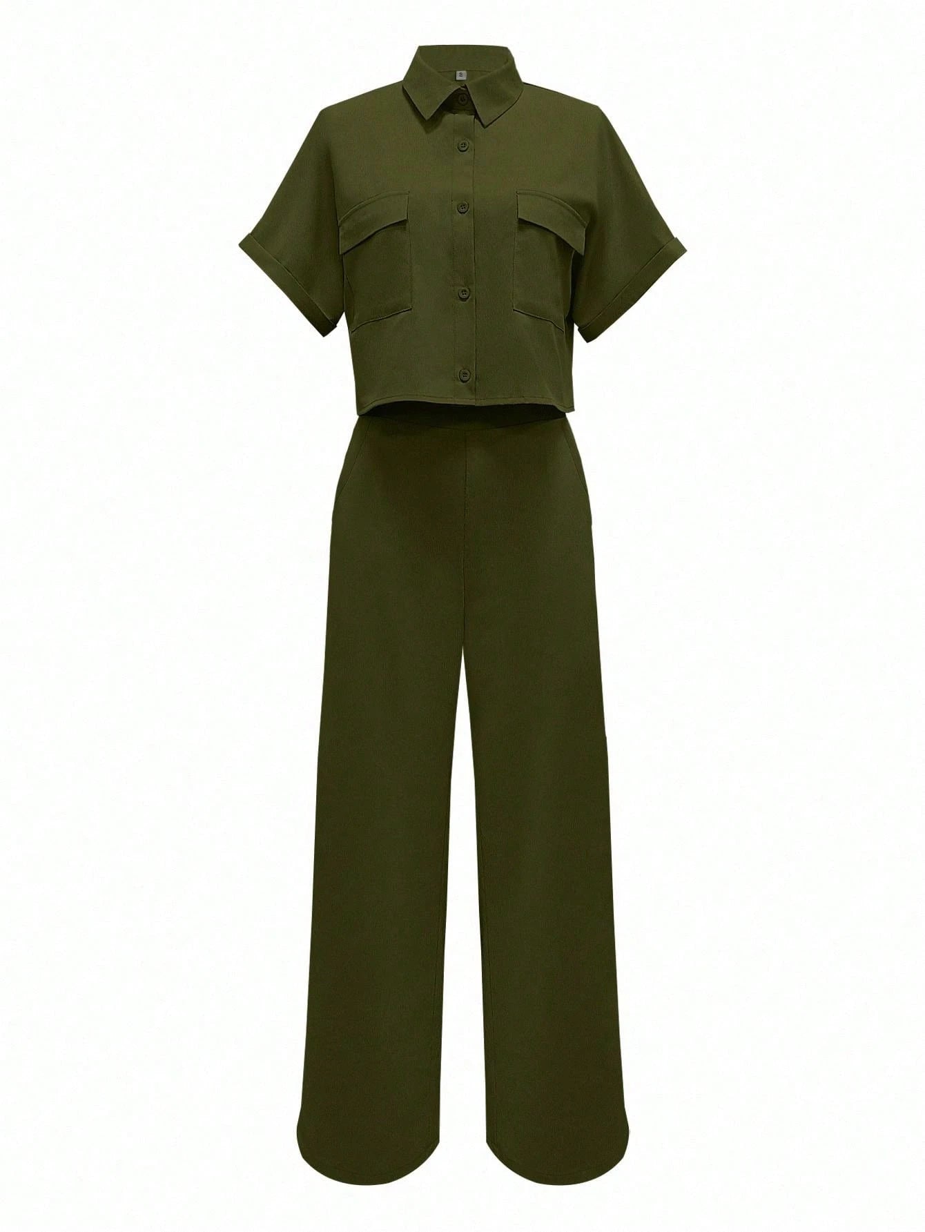 Solid Color Polo Neck Button Front Short Sleeve Top And Long Pants shein