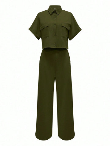 Solid Color Polo Neck Button Front Short Sleeve Top And Long Pants
