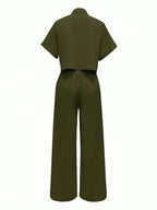 Solid Color Polo Neck Button Front Short Sleeve Top And Long Pants shein