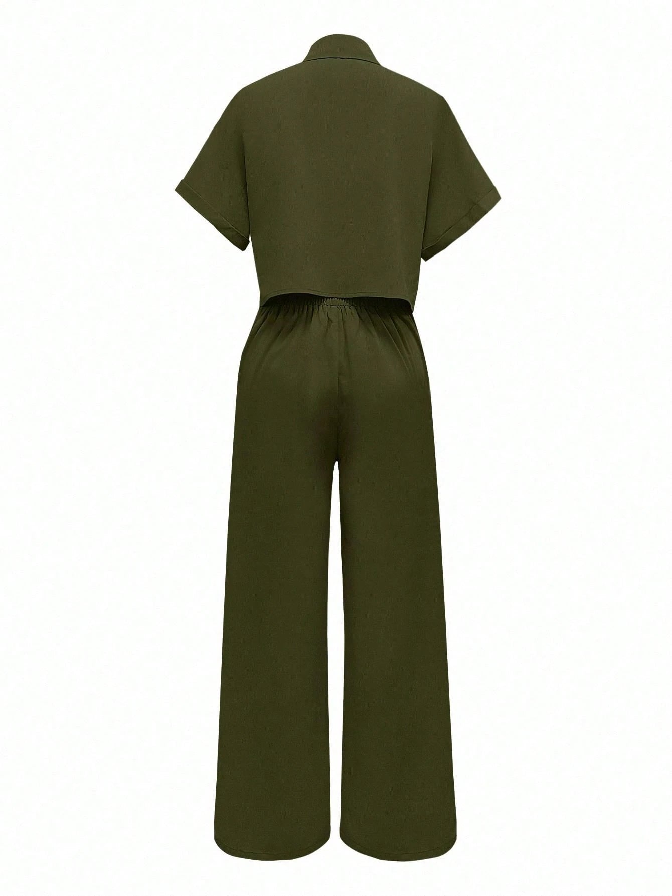 Solid Color Polo Neck Button Front Short Sleeve Top And Long Pants shein