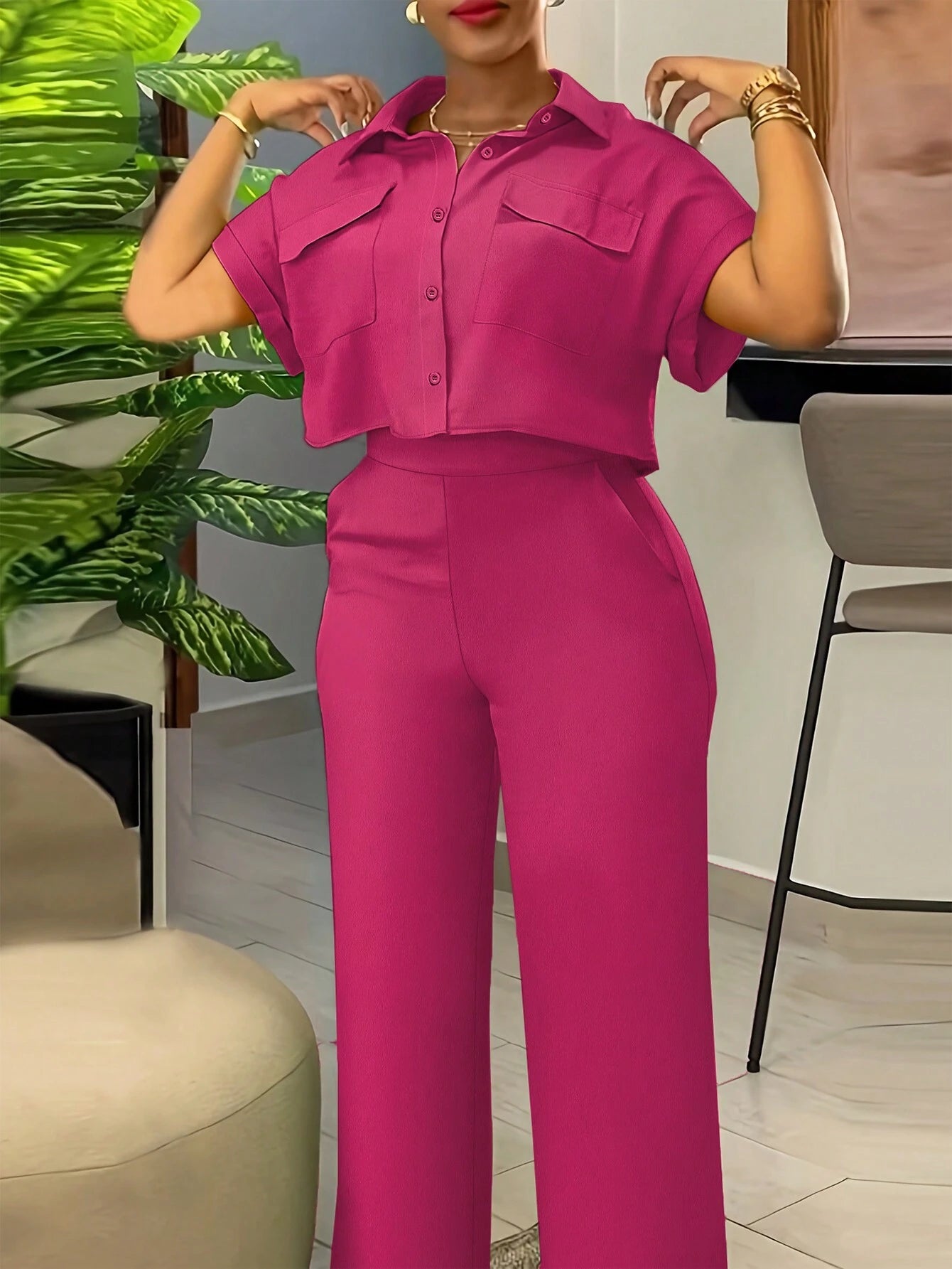Solid Color Polo Neck Button Front Short Sleeve Top And Long Pants shein