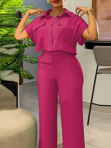 Solid Color Polo Neck Button Front Short Sleeve Top And Long Pants