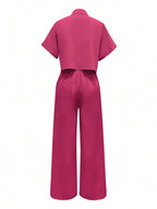 Solid Color Polo Neck Button Front Short Sleeve Top And Long Pants shein