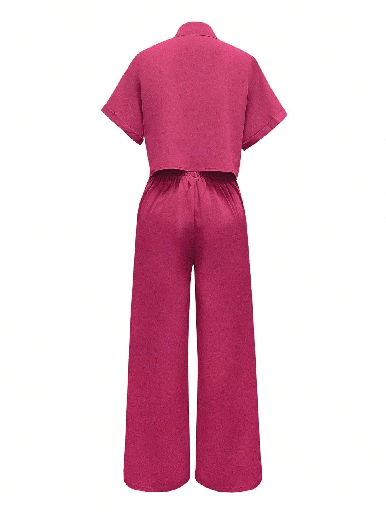 Solid Color Polo Neck Button Front Short Sleeve Top And Long Pants shein