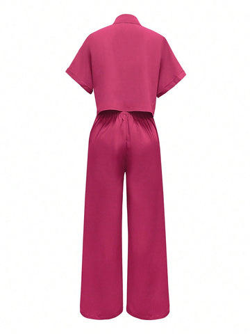 Solid Color Polo Neck Button Front Short Sleeve Top And Long Pants