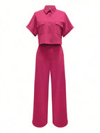 Solid Color Polo Neck Button Front Short Sleeve Top And Long Pants shein
