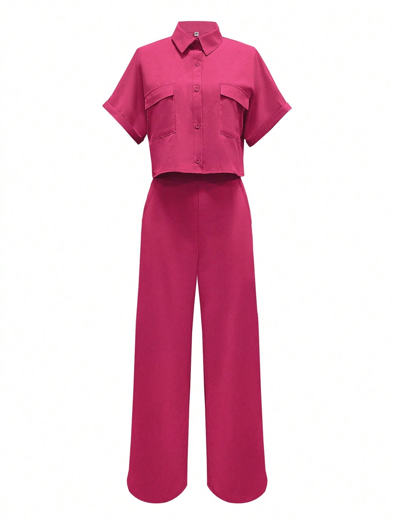 Solid Color Polo Neck Button Front Short Sleeve Top And Long Pants shein
