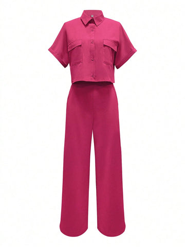 Solid Color Polo Neck Button Front Short Sleeve Top And Long Pants