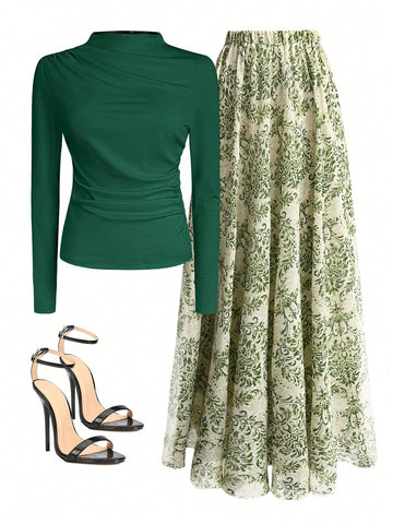 Women Solid Crew Neck Pleated Fitted Long Sleeve T-Shirt + Leopard Print Skirt