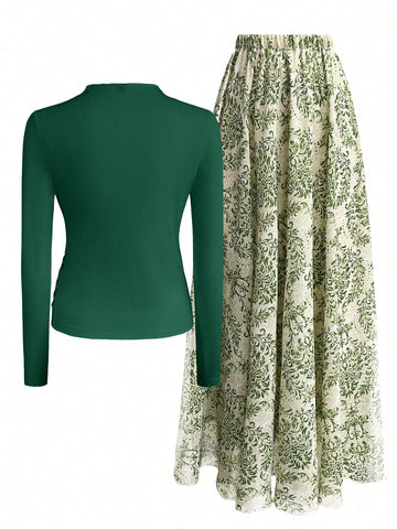 Women Solid Crew Neck Pleated Fitted Long Sleeve T-Shirt + Leopard Print Skirt