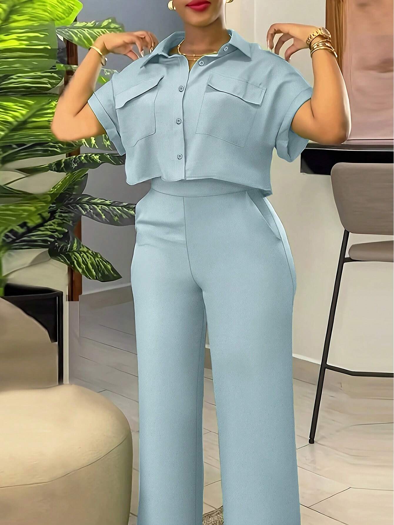 Solid Color Polo Neck Button Front Short Sleeve Top And Long Pants shein