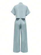 Solid Color Polo Neck Button Front Short Sleeve Top And Long Pants shein