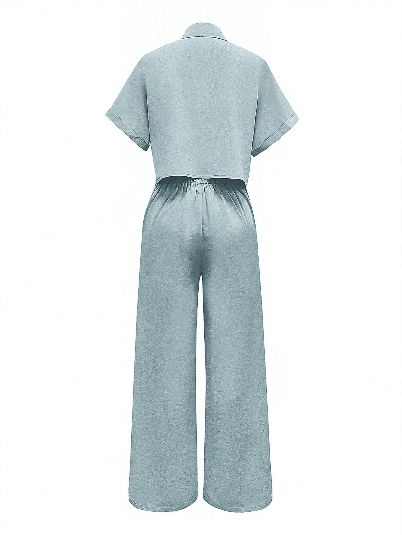 Solid Color Polo Neck Button Front Short Sleeve Top And Long Pants shein