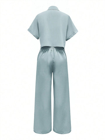 Solid Color Polo Neck Button Front Short Sleeve Top And Long Pants