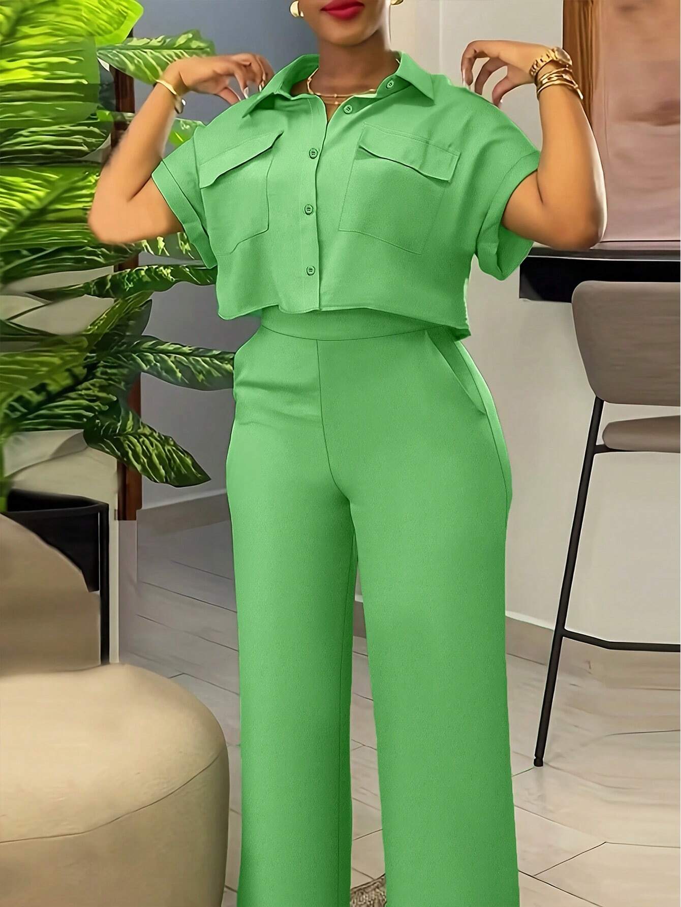Solid Color Polo Neck Button Front Short Sleeve Top And Long Pants shein