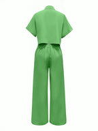 Solid Color Polo Neck Button Front Short Sleeve Top And Long Pants shein