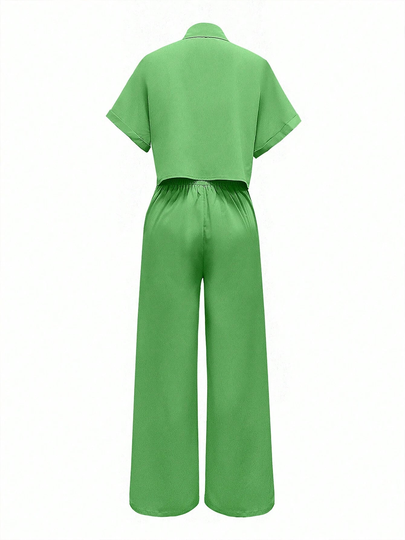 Solid Color Polo Neck Button Front Short Sleeve Top And Long Pants shein