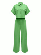 Solid Color Polo Neck Button Front Short Sleeve Top And Long Pants shein
