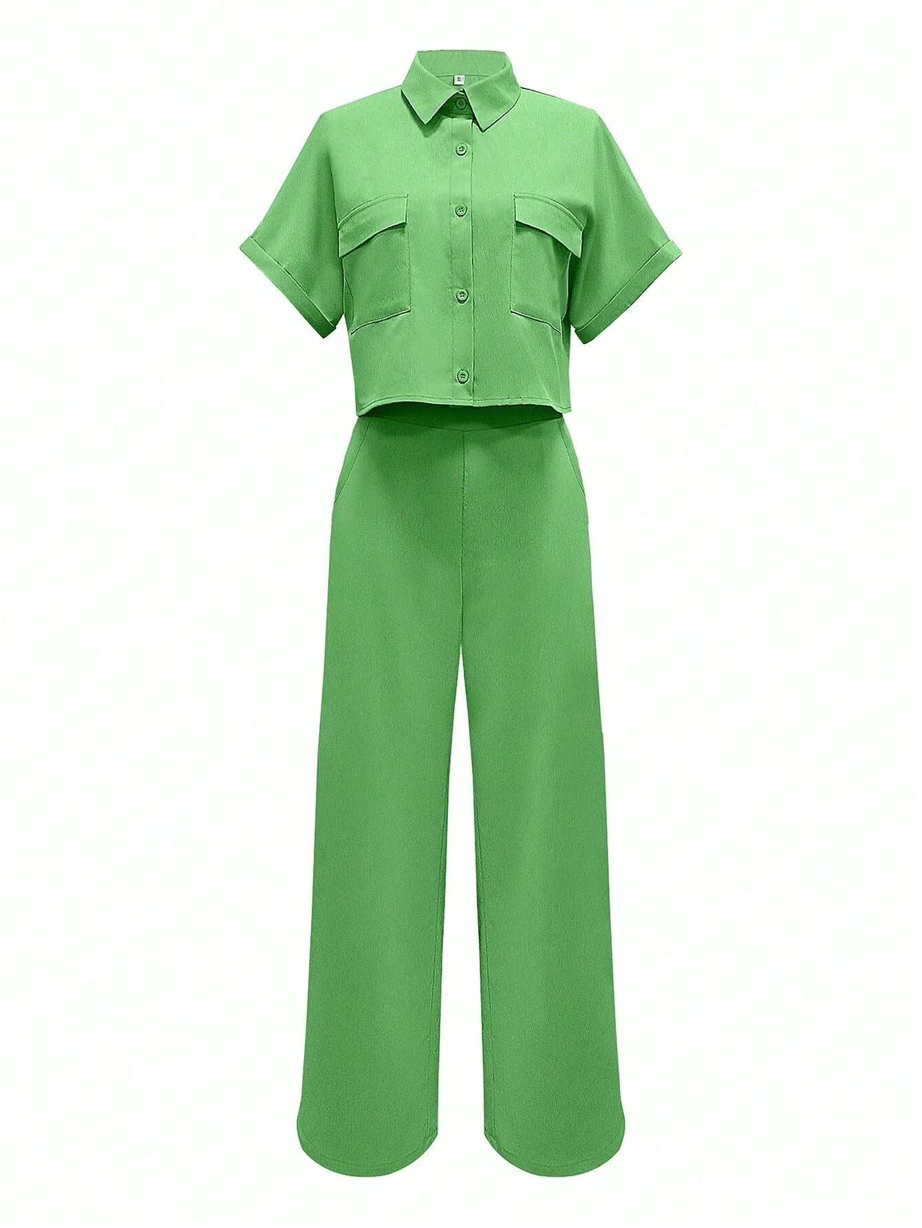 Solid Color Polo Neck Button Front Short Sleeve Top And Long Pants shein