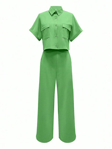 Solid Color Polo Neck Button Front Short Sleeve Top And Long Pants