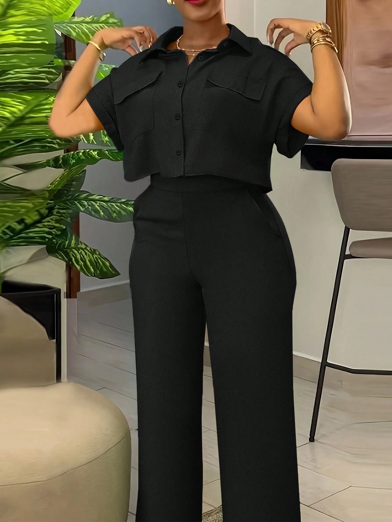 Solid Color Polo Neck Button Front Short Sleeve Top And Long Pants shein